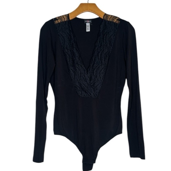 Cosabella Deep V Plunge Long Sleeve Bodysuit Black Size Medium Romantic Classic - Picture 1 of 7